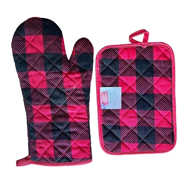 Buffalo Plaid Oven Mitt & Pot Holder Set Red Black Christmas Cabincore Kitchen - Picture 4 of 7